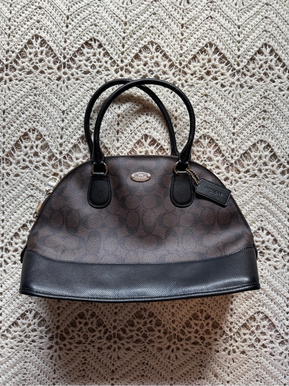Coach Cora Domed Satchel Signature Canvas Brown Black Leather Bag F33904 K1481